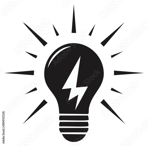 Lightbulb with lightning bolt symbol glowing with radiating light lines