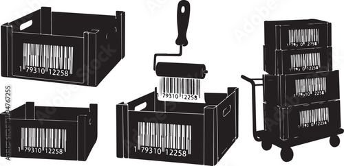 Black plastic crates with barcode labels and paint roller