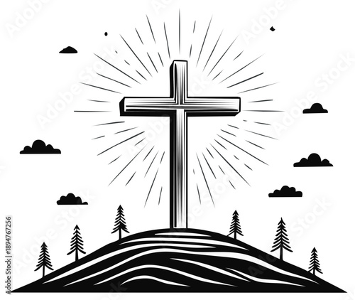 Cross with sunburst rays over hilltop, religious symbol