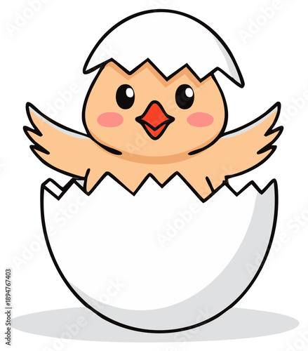 Cute cartoon baby chick with pink cheeks happily hatching from a cracked eggshell illustration new life concept