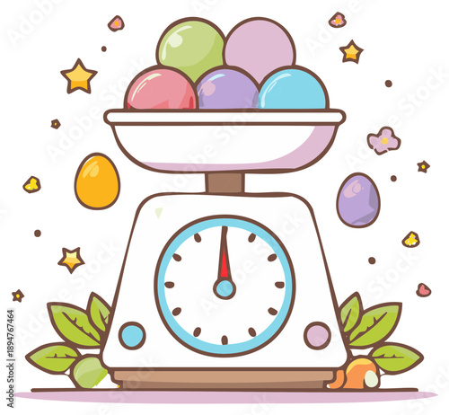 Whimsical Kitchen Scale Weighing Colorful Eggs and Decorative Stars, Flowers and Leaves, Weight Management