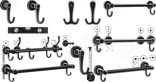 Various types of hooks and racks for hanging items