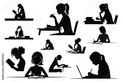 Silhouettes of women studying reading and writing at desks