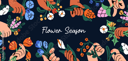 Design of banner with circle border from different flowers in hands. Festive template of round frame from diverse arms holding blooming bouquets and posies of wildflowers. Flat vector illustration