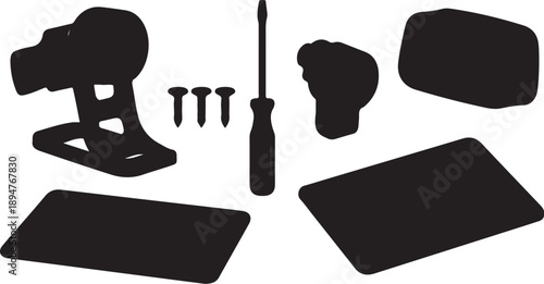 Black silhouettes of camera equipment and accessories on white