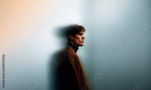 Artistic Side Profile Portrait of Young Man Against White Wall With Abstract Light Reflections and Orange Glow in Dreamy Atmosphere