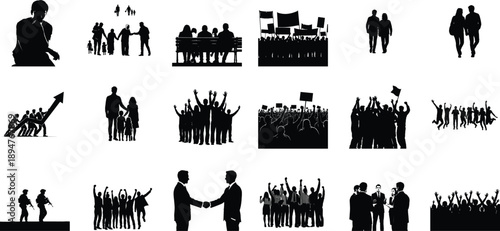 Collection of black silhouettes depicting people in various group settings and actions