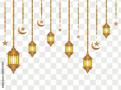 Elegant hanging lanterns with moon and stars isolated on transparent background, isolated on white background, Vector, illustration