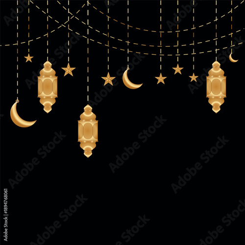 Elegant golden lanterns and celestial decorations on a dark background Vector, illustration
