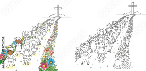 Christian coloring page vector of children walking on a flower path towards a holy cross; religious education illustration for Sunday school or church activities