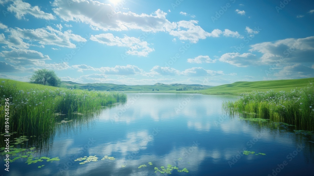 Fototapeta premium Peaceful Summer Landscape with Lake Reflection landscape lake reflection summer peaceful water sky
