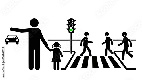 Pedestrian crossing with traffic light and people walking.