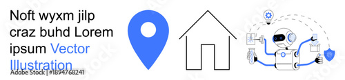 Artificial intelligence, smart homes, geolocation, automation, robotics, navigation. Blue geolocation pin, house outline robot with shield and tools. Artificial intelligence and smart homes concept