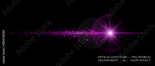 Cosmic ed glowing optical flare with bright core, particle trail, and intense beam. Suitable for overlays, motion design, and modern visual compositions.