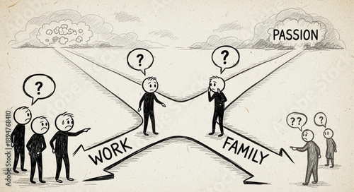 People choosing between work family and passion with question marks above heads.