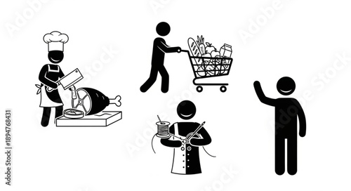 People engaged in various food related activities and shopping.