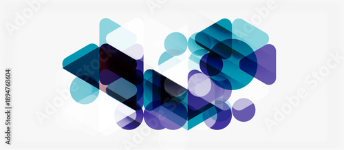 Abstract composition. Overlapping geometric shapes, circles, squares, varying opacity. Blue, purple hues dominate design. Modern aesthetic.