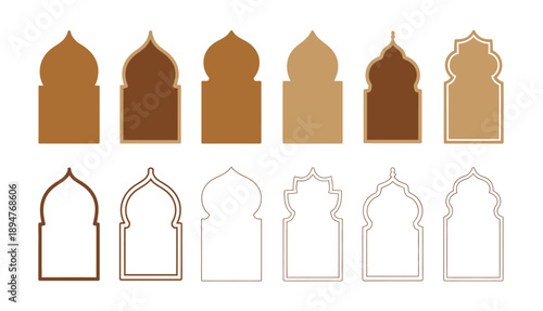 Islamic arch window collection featuring terracotta arabesque doorway silhouettes and outlines, perfect for ramadan kareem, eid al-fitr, middle eastern architecture, cultural design