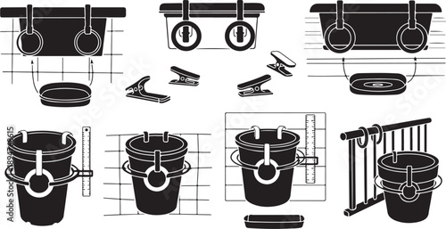 Detailed technical drawings of buckets and railings with accessories