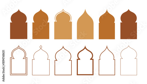 Islamic arch and arabesque doorway icon collection in terracotta color, perfect for middle eastern architectural designs, ramadan and eid illustrations, and professional vector graphics projects.