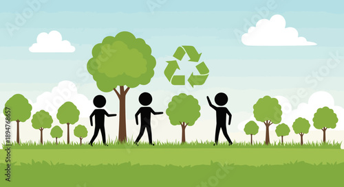 People planting trees with recycling symbol in nature.