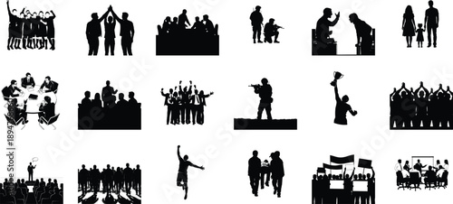 Collection of black silhouettes depicting people in various group settings and actions