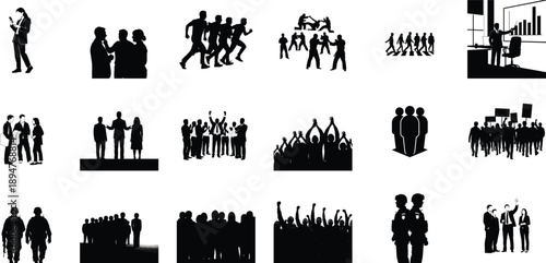 Collection of black silhouettes of people in various group settings