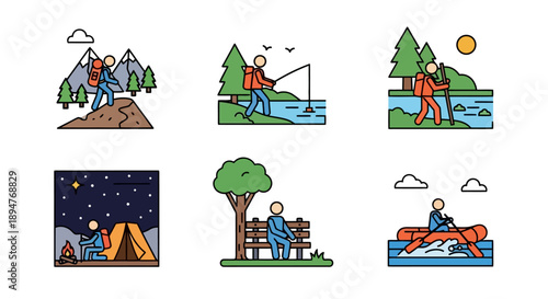 Outdoor Activities Collection Featuring Hiking Fishing Camping And Kayaking.