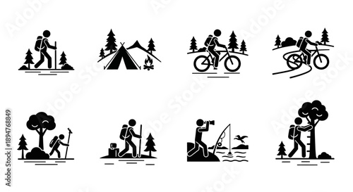 Outdoor Activity Icons Set Hiking Camping Cycling Fishing.