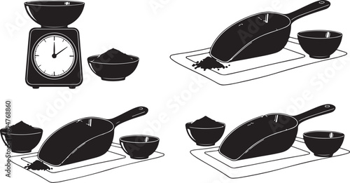 Black and white kitchen utensils and cooking tools illustration