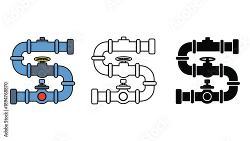 Three stylized pipe systems with valves are shown.