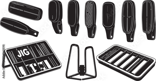 Black and white illustration of various jig tools and equipment