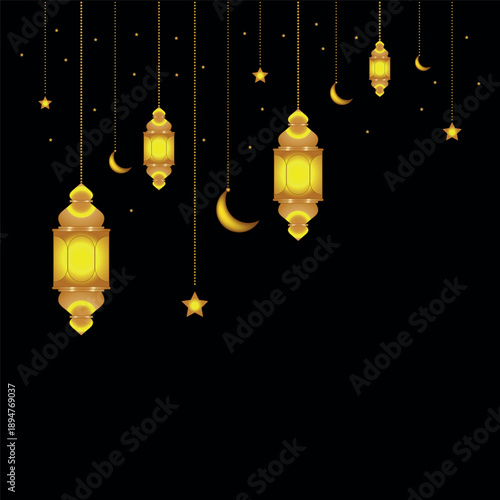 Enchanting golden lanterns illuminating the night sky Vector, illustration