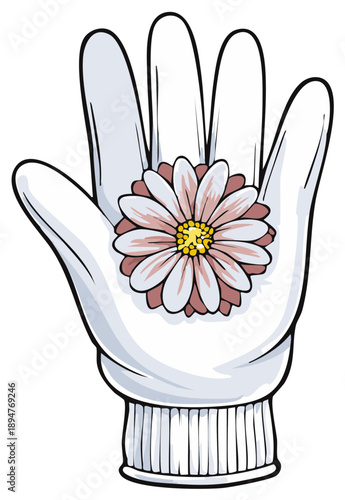 Gloved Hand Holds Delicate Daisy Flower, Cartoon Style Illustration