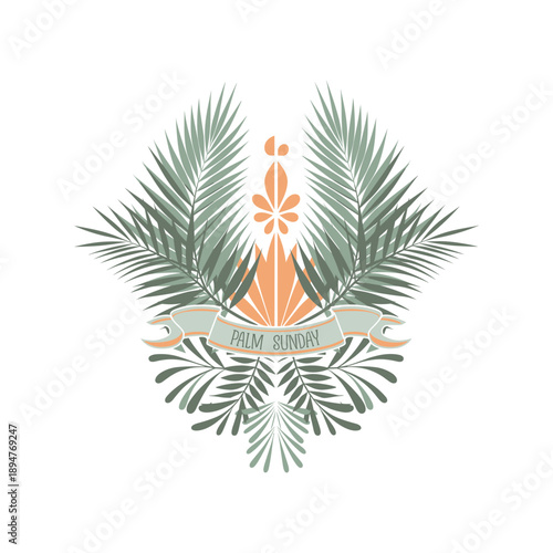 Palm Sunday Decorative Emblem with Palm Leaves and Ribbon Banner Illustration