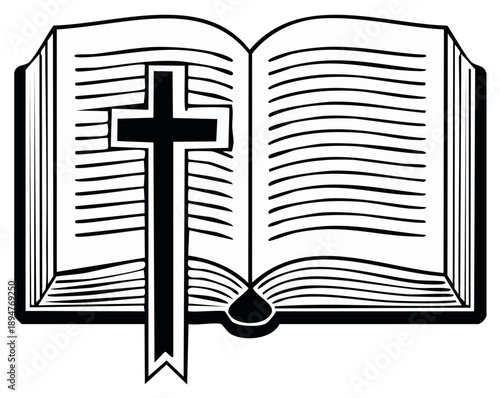 Open Holy Bible with a Christian Cross Symbol and Bookmark Simple Graphic Illustration