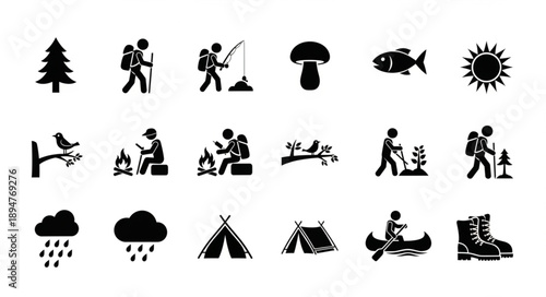 Outdoor Adventure Icons Set Nature Camping Hiking Fishing Symbols.