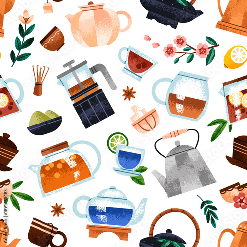 Repeatable pattern of different teapots and cups. Endless background of various kettles and mugs, infusers and teacups, tea pots for herbal drinks, matcha, coffee. Flat seamless vector illustration