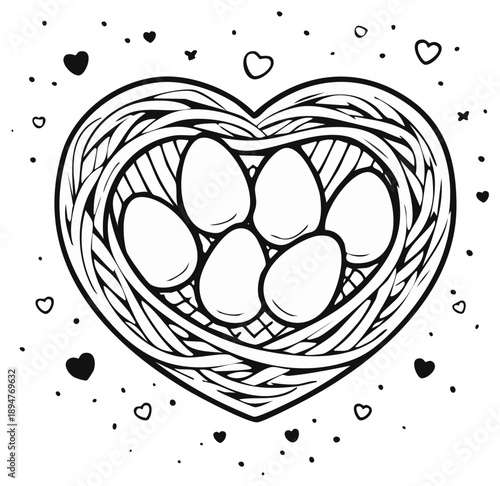 Eggs in Heart Shaped Nest Outlined for Coloring and Design Projects with Love and Affection Symbolism