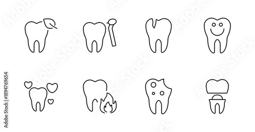 Dental health set icon. Leaf, dental tool, damage, smile, flame, love, decay, implant, emotions and condition of teeth, oral care, sensitivity.