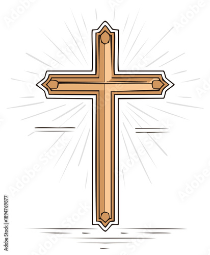 Christian Cross Illustration with Radiant Rays and Outline for Religious Themes