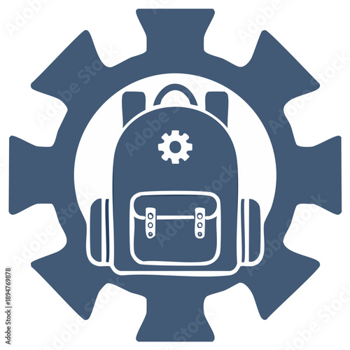 Stylized Backpack Icon with Gear Symbol, Education Equipment and Industrial Design, Flat Graphic