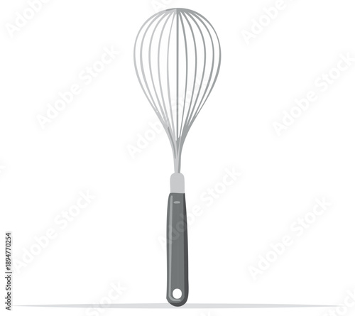 Single whisk isolated on white, kitchen utensil for whipping eggs or liquids and kitchenware, with a metal loop and a plastic handle