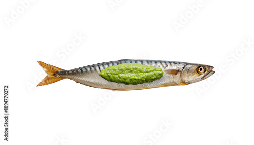 Mackerel Delicacy A freshly prepared mackerel, its silver scales gleaming, showcases a vibrant green filling. A culinary masterpiece celebrating the freshness of the sea