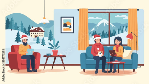 Cozy winter scene indoors with people enjoying technology and a dog