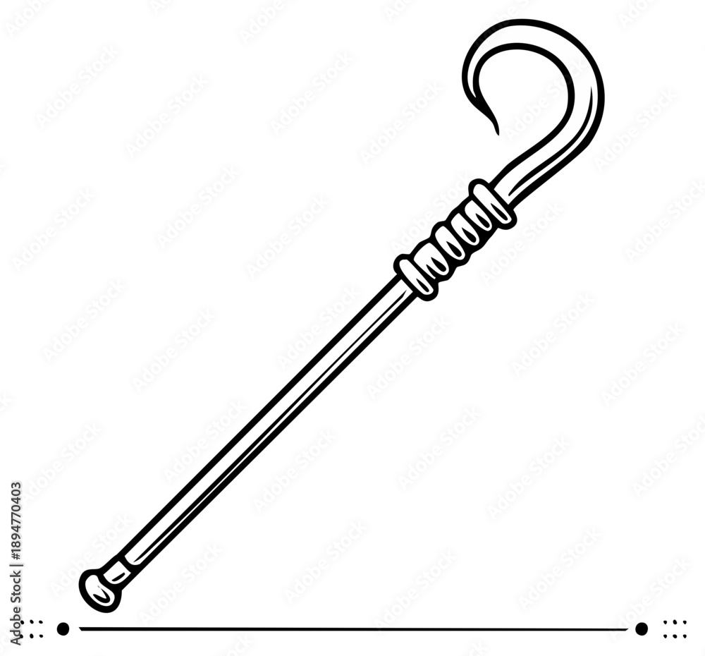 Naklejka premium Elegant curved handle staff with decorative rings and a round finial at the base.