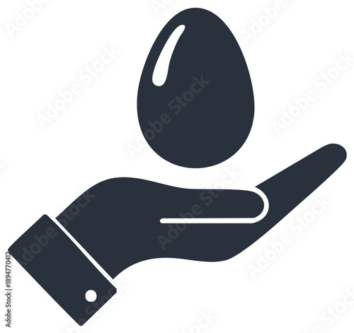 Minimalist glyph icon of a hand holding an egg symbolizing care fragility and new beginnings