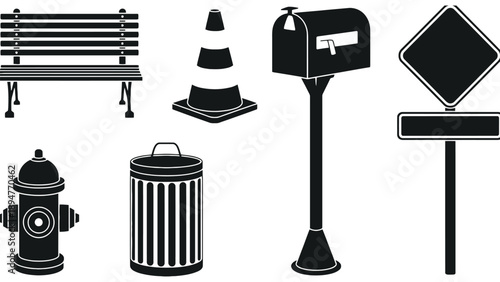 A collection of urban street furniture and signs is shown.