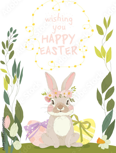 Cute Little Rabbit sitting Near Easter Eggs. Vector Illustration