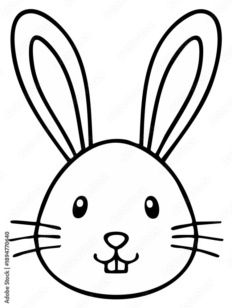 Fototapeta premium Cute cartoon rabbit face with long ears and whiskers, simple outline drawing